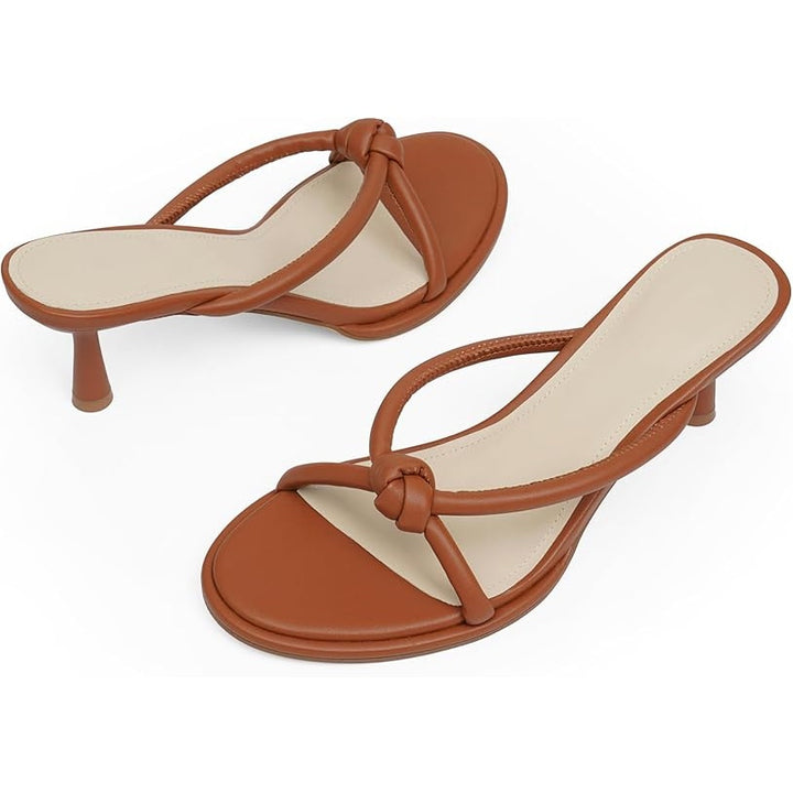 Easyfox Womens 8 Brown Mules Slide On Open Toe Kitten Heel Faux Leather Sandals