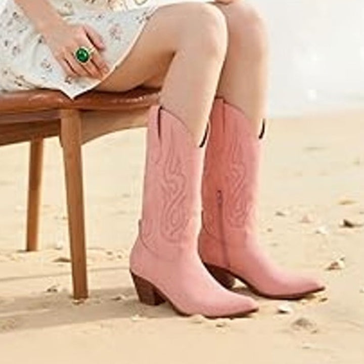 Womens Size 6 Pink Pointed Toe 2" Block Heel Pull On Embroidered Cowboy Boots