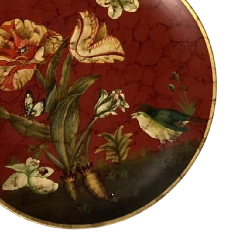 Collectible Red Bird Butterfly Floral Gold Rim Decorative Heavy Ceramic Plate