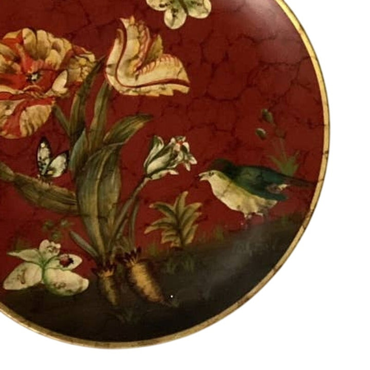 Collectible Red Bird Butterfly Floral Gold Rim Decorative Heavy Ceramic Plate