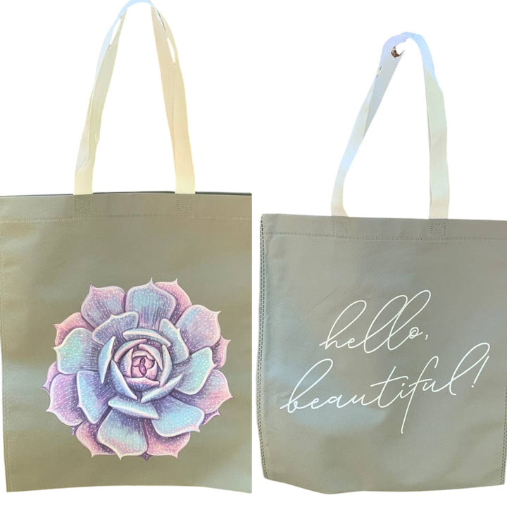 Upcycled Hand Printed Purple Blue Succulent Cactus Rose Flower Tote Bag