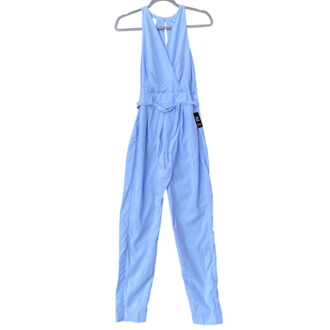 NWT New Express Womens Size 00 Light Blue Sleeveless V Neck Waist Tie Jumpsuit