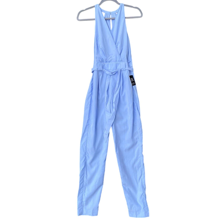 NWT New Express Womens Size 00 Light Blue Sleeveless V Neck Waist Tie Jumpsuit