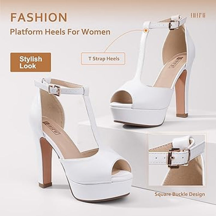 New Idifu Womens Size 8 White Peep Toe Ankle T Strap 5" Platform Heels Shoes
