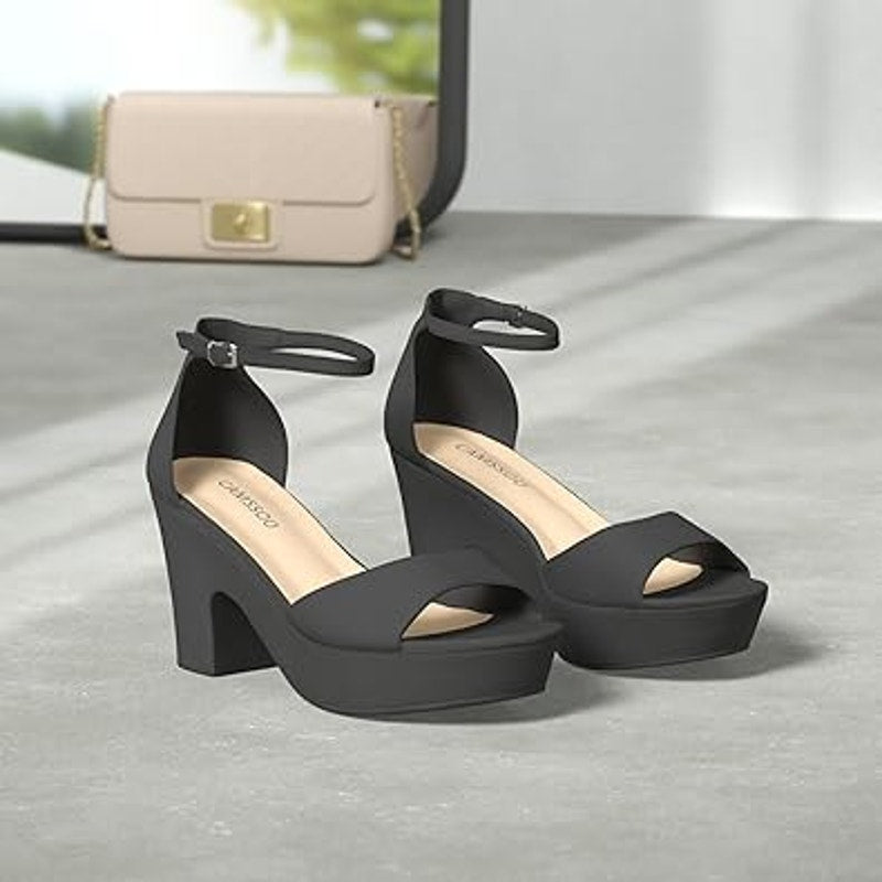New Camsoo Womens 7.5 Black Faux Suede Open Toe 4" Block Heel Ankle Strap Shoes