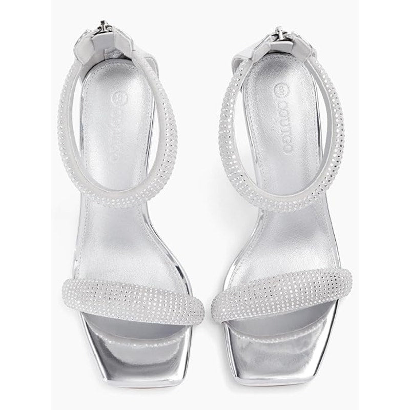 Coutgo Womens Size 10 Silver Sparkle 4" Heel Open Toe Ankle Strap Back Zip Shoes