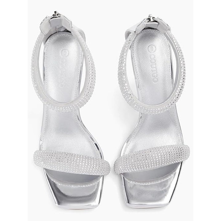 Coutgo Womens Size 10 Silver Sparkle 4" Heel Open Toe Ankle Strap Back Zip Shoes