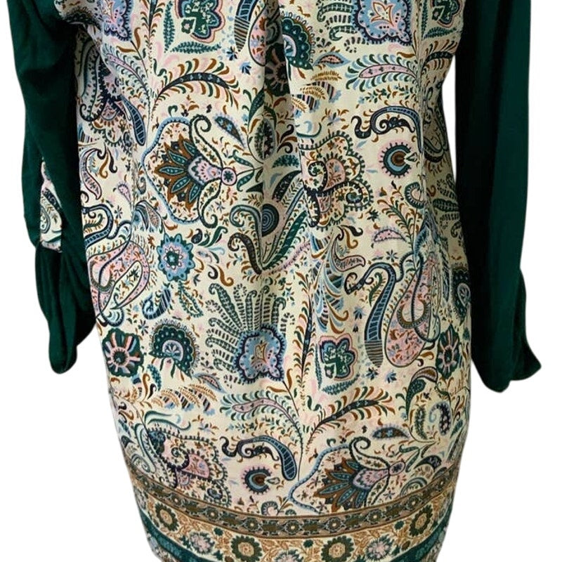 Market &amp; Spruce Medium Ruched Tab Sleeve Boho Print Hi Low Long Blouse Top