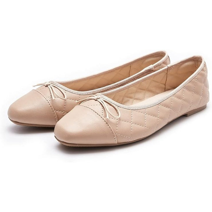 Afeetsing Womens Size 6 Tan Round Closed Toe Faux Leather Ballet Flats Shoes