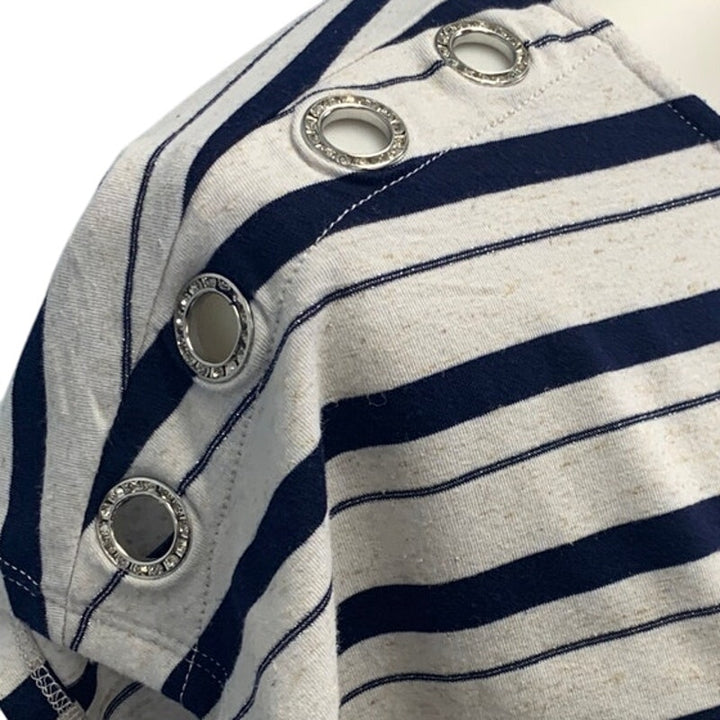 89th &amp; Madison Womens Large Striped Top w Rhinestone Shoulder Accent Holes