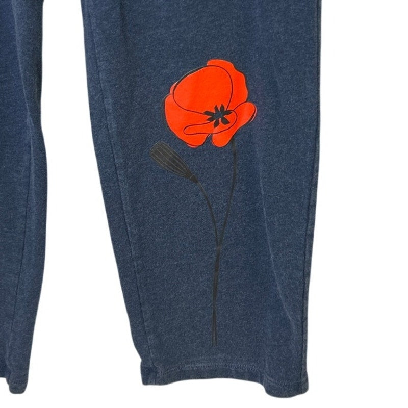Upcycled Hand Printed Womens 1X Cotton Blend Red Poppy Flower Sweatpants