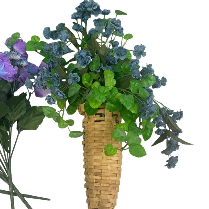 Springtime Violet Purple Flower Sprays w Blue Floral Green Leaves In Basket
