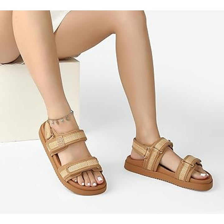 Lucky Step Womens Size 7.5 Tan Hook Loop Open Toe Double Strap Sandal Shoes