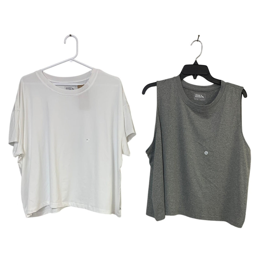 2 New Eddie Bauer Womens 2XL Gray White Surreal Travel Tank Top Crew Tee Shirts
