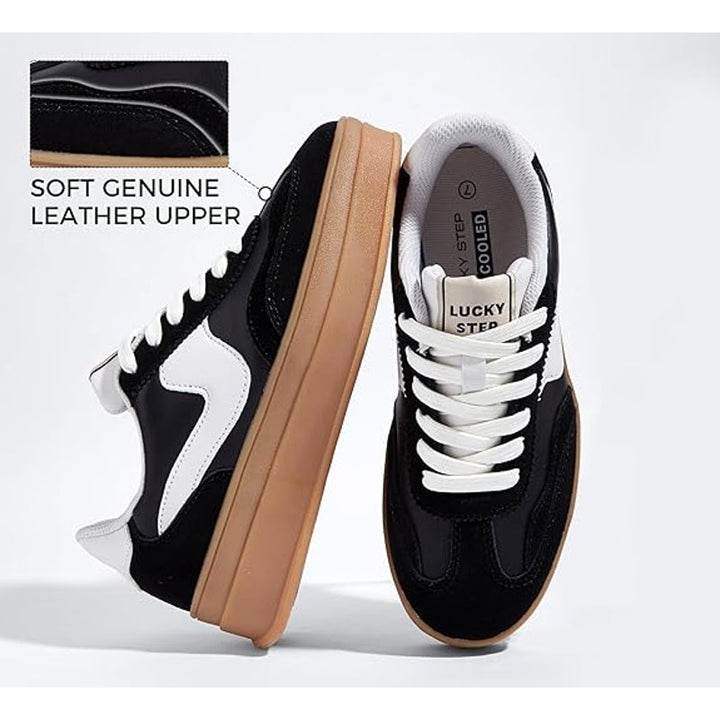 Lucky Step Womens Size 7 Black Platform Genuine Leather Classic Sneakers Shoes