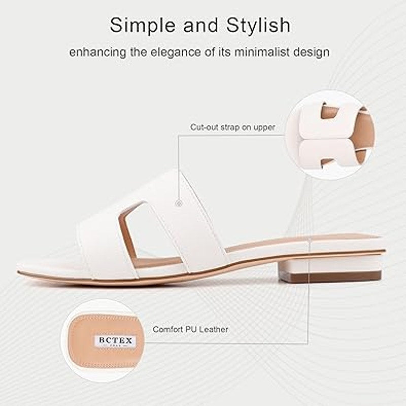 Bctex Womens 7 White Faux Leather Slide On Open Toe Low Heel Mule Sandal Shoes