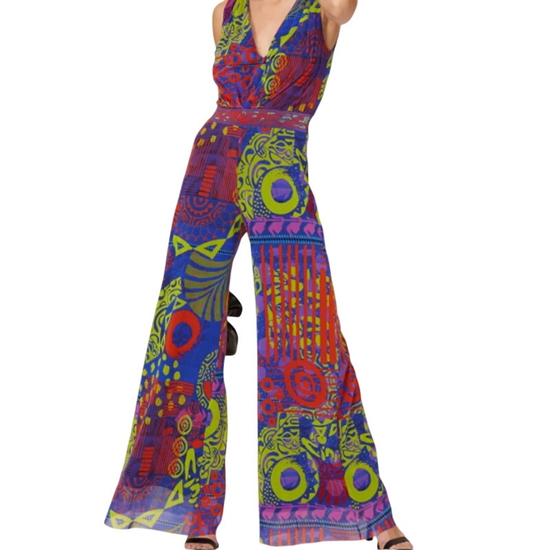 Fuzzi Womens XS Tuta Mesh Blue Green Orange Flowy Sleeveless Jumpsuit Romper