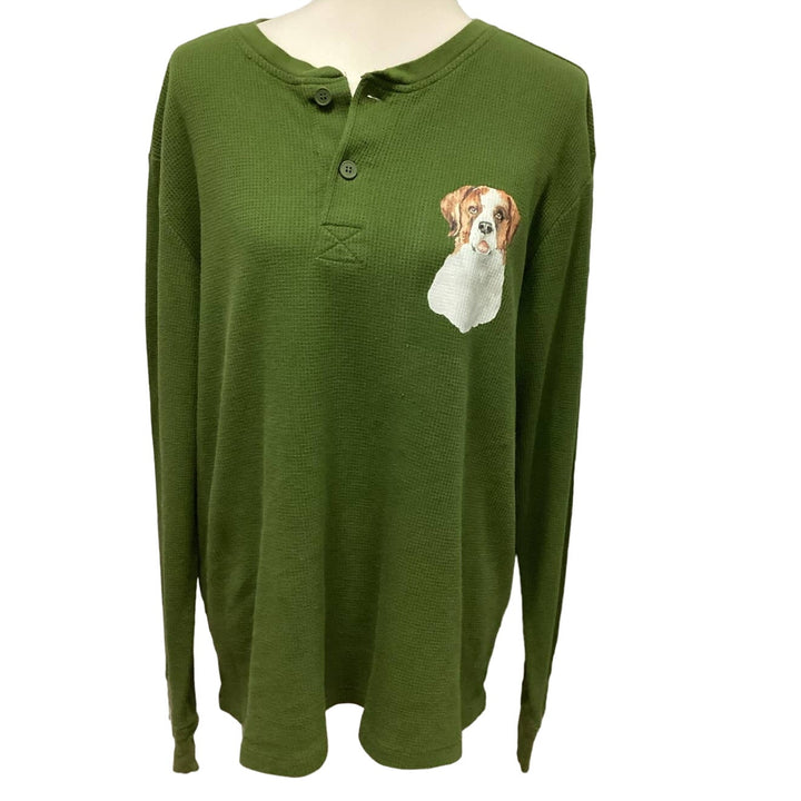 Hand Printed Mens XL Upcycled St Bernard Dog Long Sleeve Henley Waffled Shirt