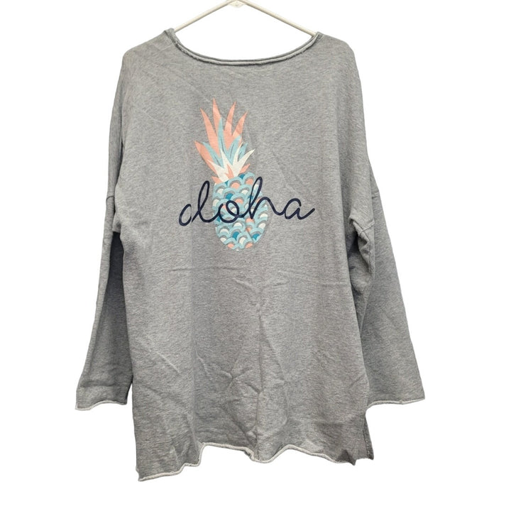 Crown &amp; Ivy Womens XXL Aloha Pineapple 100% Cotton Long Sleeve Scoop Neck Shirt