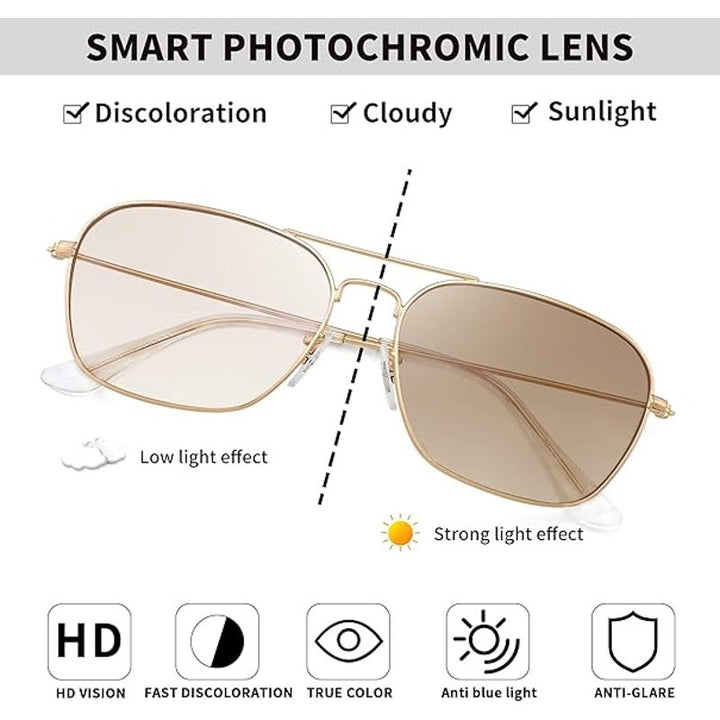 JM Aviator Mens Gold Square Photochronic Color Darkening Blue Light Glasses