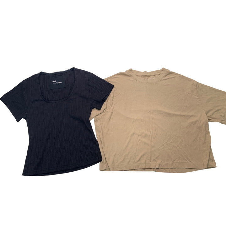 2 New American Eagle Womens Small Black Tan Ribbed Scalloped Short Sleeve Tops