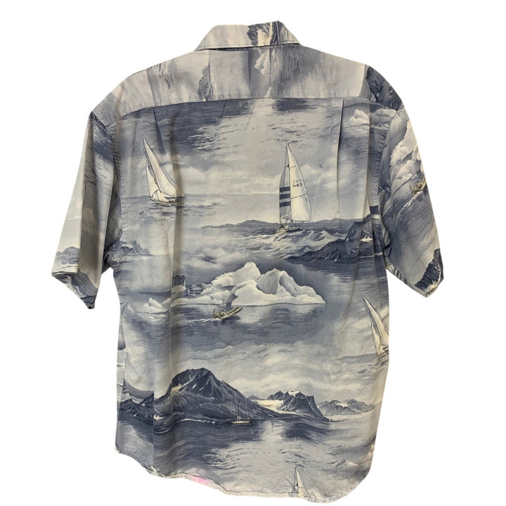 Nautica Mens Large 100% Cotton Boat Water Clouds Short Sleeve Button Up Shirt