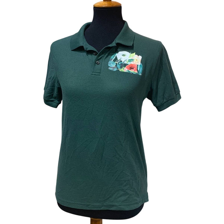Upcycled Hand Printed Youth Large Flower Peony Short Sleeve Collared Polo Shirt