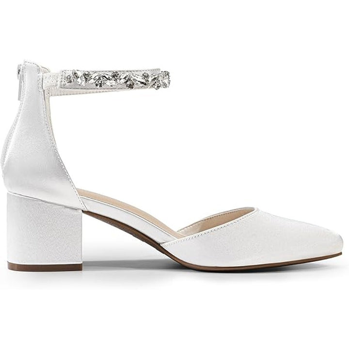 Dream Pairs Womens 9 White Satin Pointy Toe 2.25" Block Heel Ankle Strap Shoes