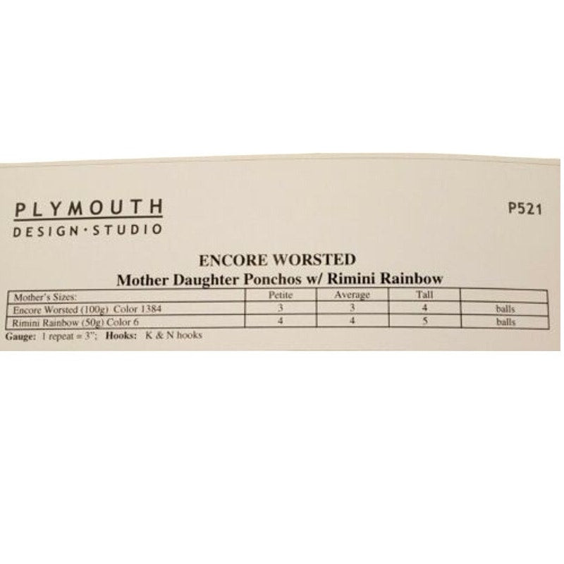 New 2004 Plymouth P521 Encore Worsted Mother Daughter Crocheted Ponchos Pattern