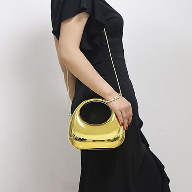 New Fukefukeus Shiny Gold Hard Acrylic Magnetic Closure Moon Evening Handbag