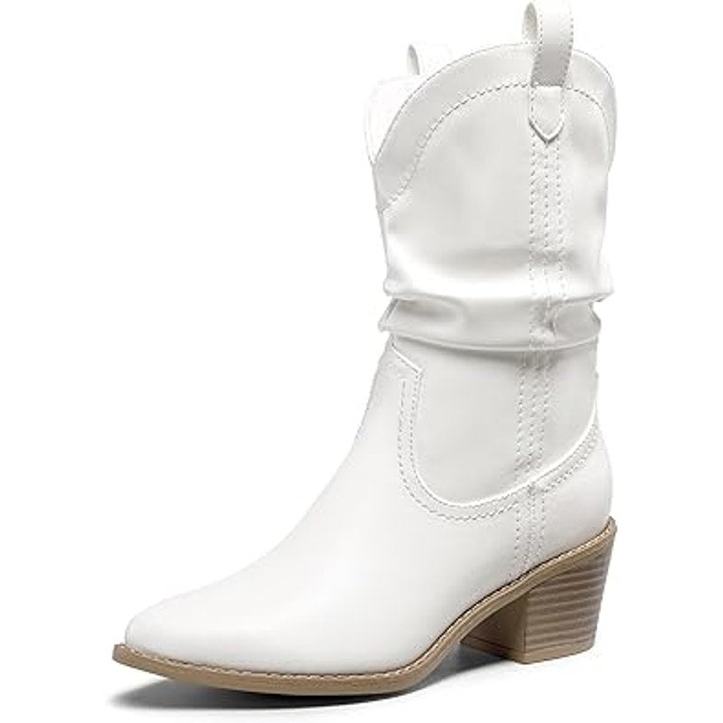 Dream Pairs Womens Size 8 White Faux Leather 2.5" Heel Western Cowboy Boots
