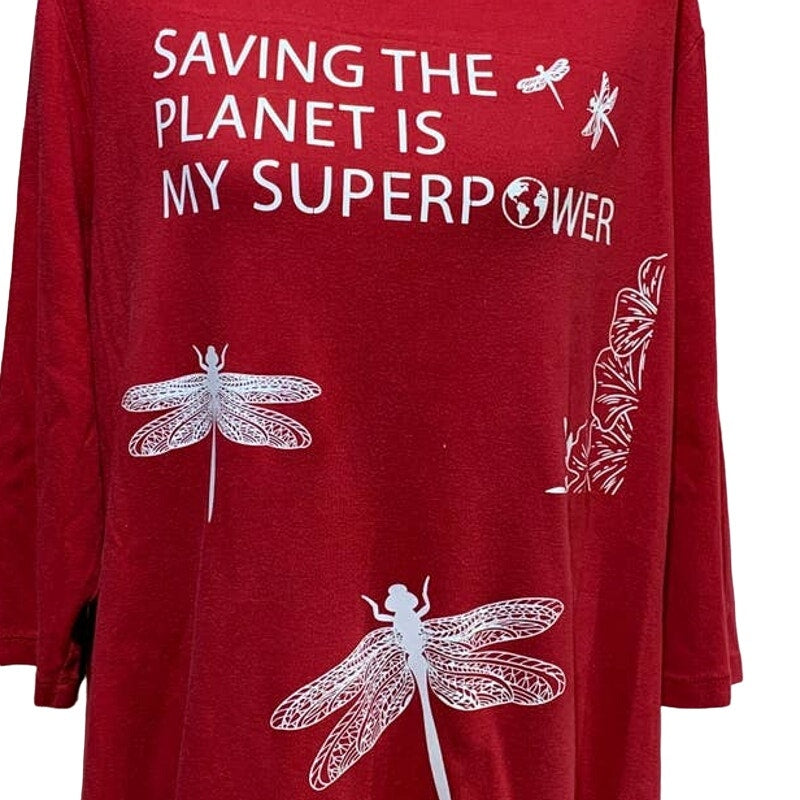 Hand Printed Upcycled Womens 2X Dragonfly Saving the Planet is My SuperpowerTee
