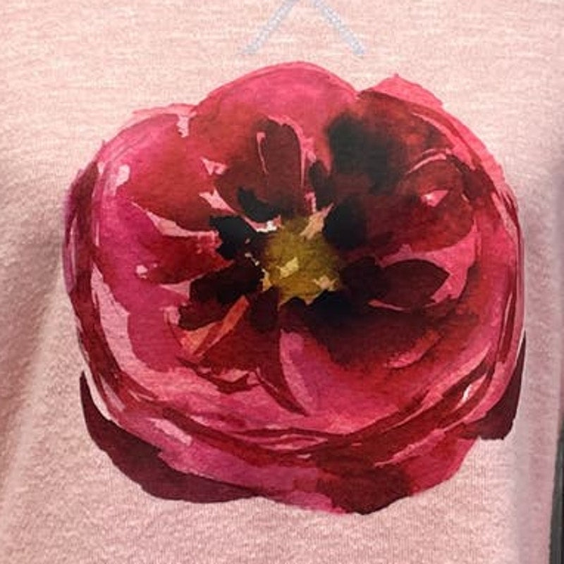 Hand Printed Upcycled Juniors Large Watercolor Peony Flower Long Sleeve Tee