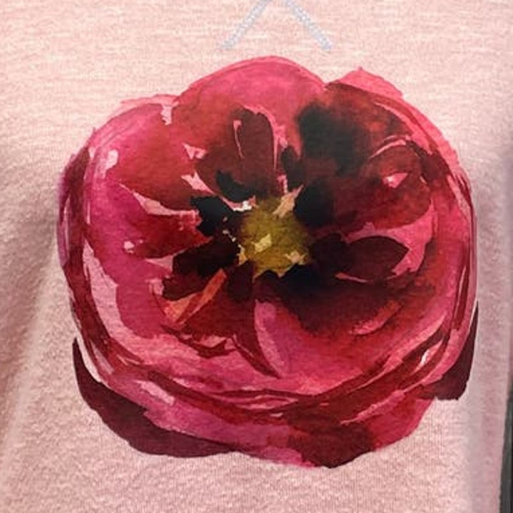 Hand Printed Upcycled Juniors Large Watercolor Peony Flower Long Sleeve Tee