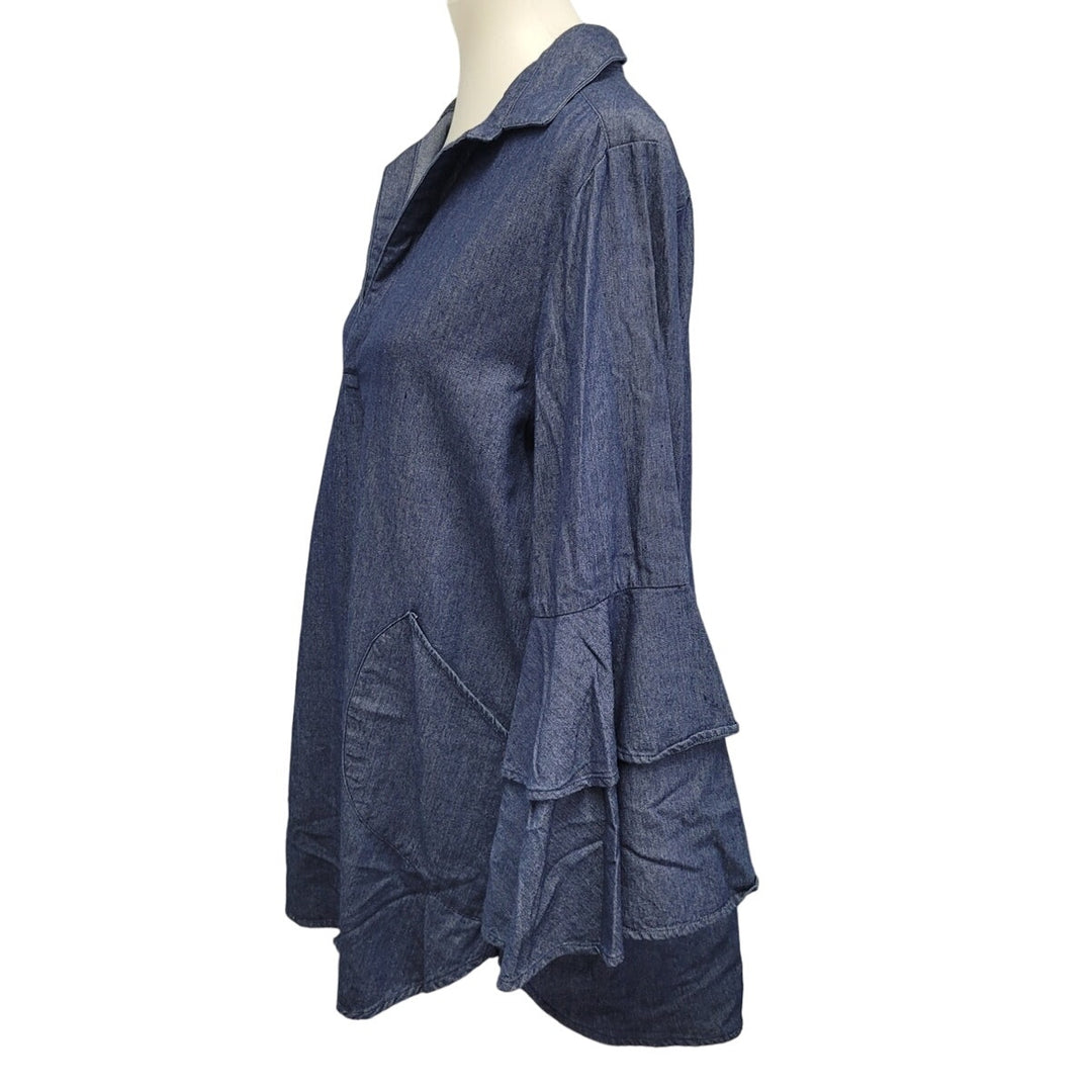 New For Cynthia Womens Large 100% Cotton Denim Bell Sleeve Deep V Hi Low Blouse