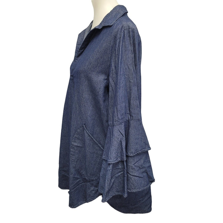 New For Cynthia Womens Large 100% Cotton Denim Bell Sleeve Deep V Hi Low Blouse