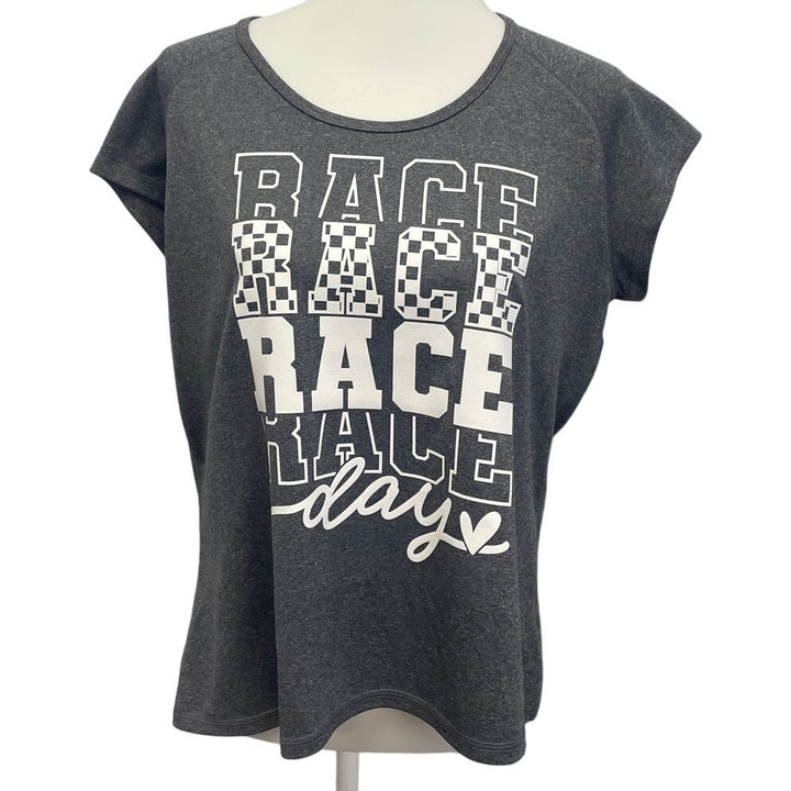 Hand Printed Upcycled Womens XL Race Day Crew Neck Athletic Tee Shirt