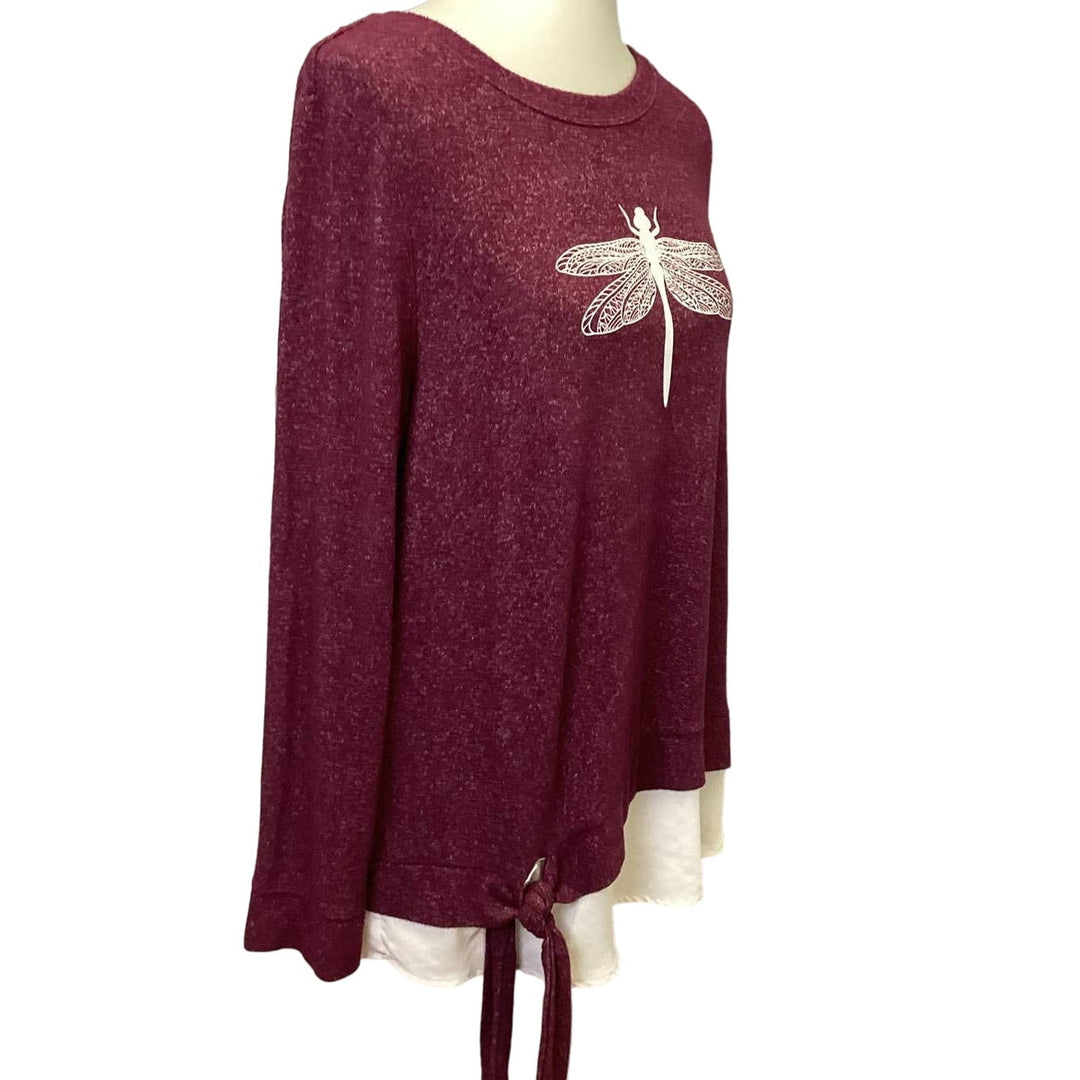 Hand Printed Upcycled Large Dragonfly Long Sleeve Layered Look Waist Tie Sweater