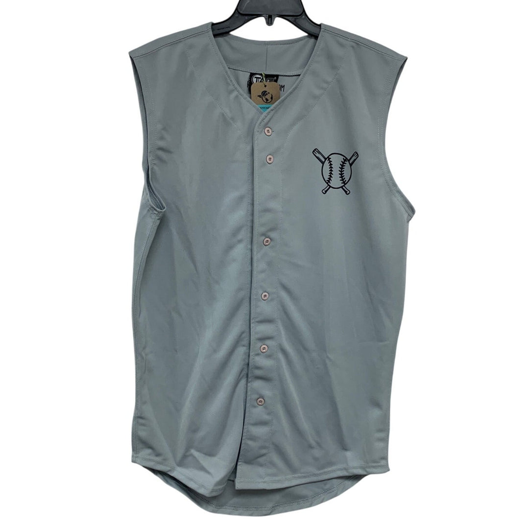 Hand Printed Mens Large Bat Ball Button Down Sleeveless Baseball Jersey Shirt