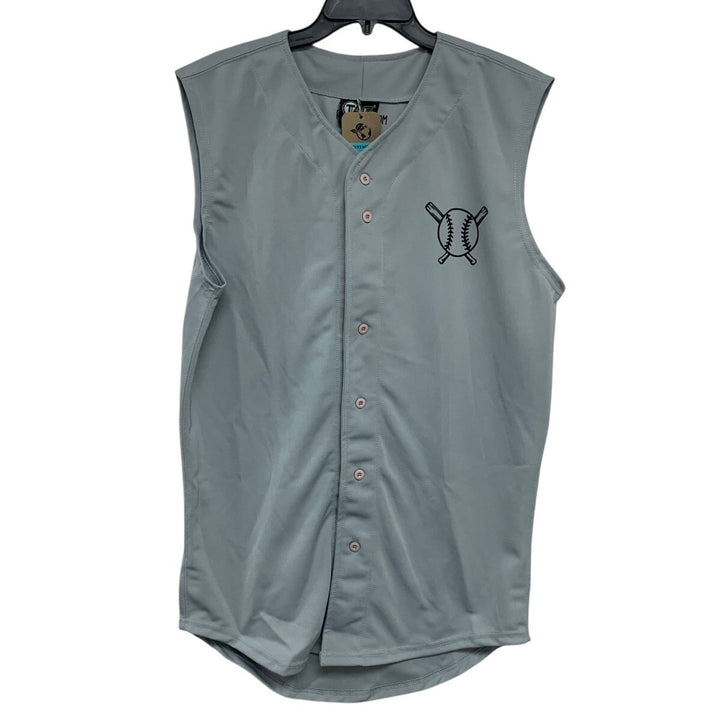 Hand Printed Mens Large Bat Ball Button Down Sleeveless Baseball Jersey Shirt