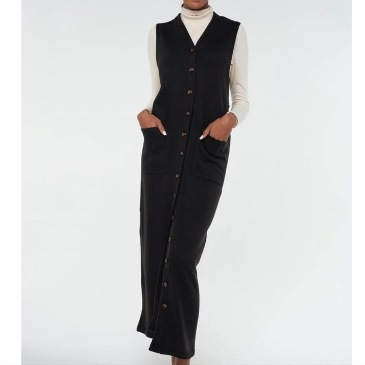 NWT New Blank Womens Medium Black Button Up Sleeveless Ribbed Cardigan Duster