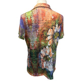 Womens 1X 2X Flowy Floral Orange Blue Ombre Short Sleeve Tee Shirts Blouses
