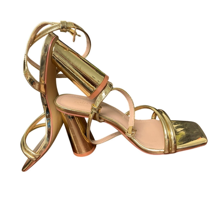 Ribongz Womens Size 6.5 Shiny Gold 4" Block Heel Open Toe Ankle Strap Shoes