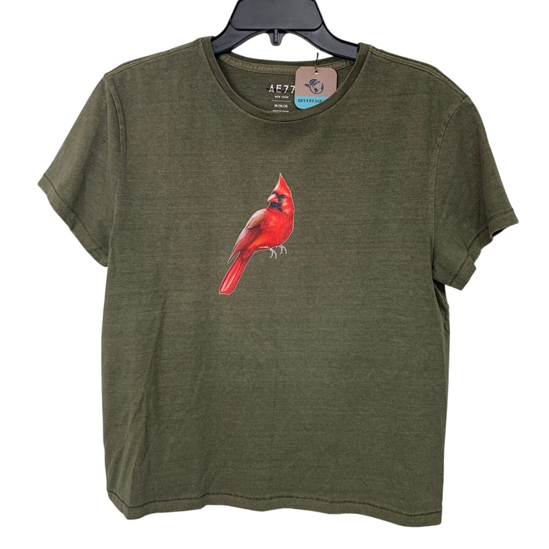 New Upcycled Hand Printed Womens Medium Red Cardinal Bird Rugged Style Tee Shirt