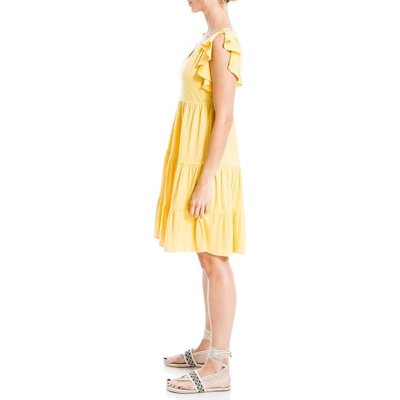 NWT New Max Studio Womens Small Yellow VNeck Flutter Sleeve Fit Flare Midi Dress
