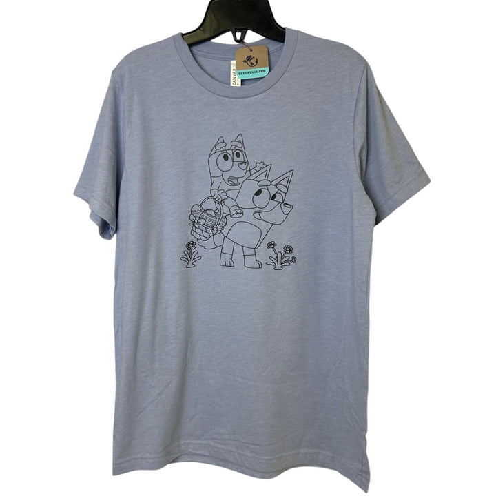 New Hand Printed Womens Large Bluey Bingo Easter Egg Short Sleeve Tee Shirt