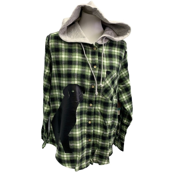 New Hand Printed Womens Small Black Lab Dog Long Sleeve Plaid Flannel Hoodie