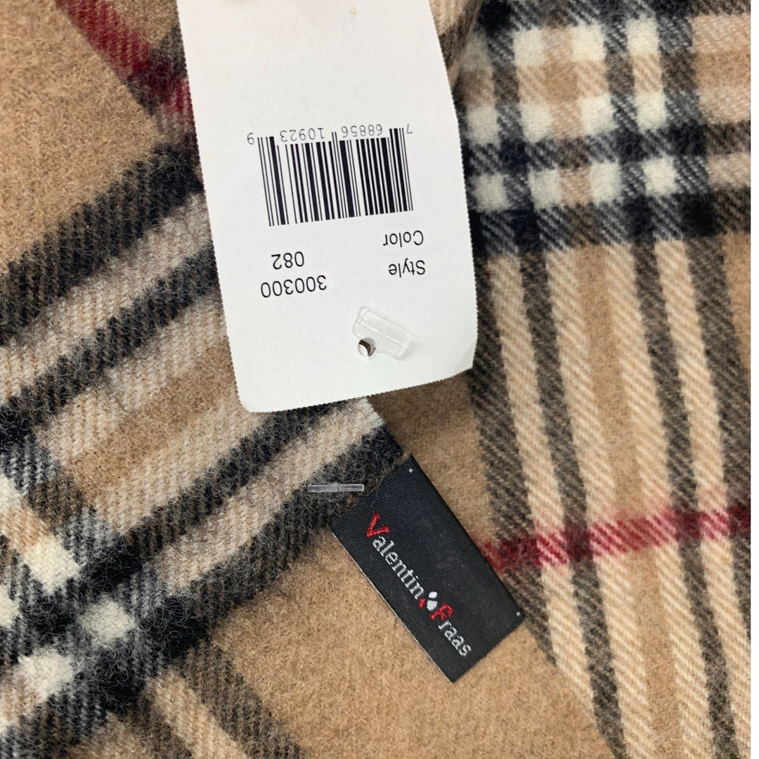 NWT New Valentin Fraas Womens One Size 100% Lambs Wool Tan Plaid Fringe Scarf