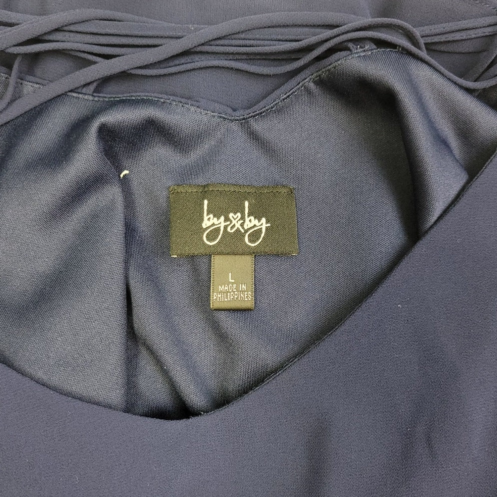 By &amp; By Womens Large Navy Blue 100% Polyester Spaghetti Strap Fit &amp; Flare Dress