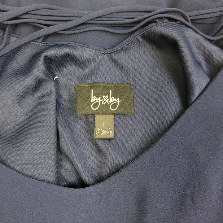 By &amp; By Womens Large Navy Blue 100% Polyester Spaghetti Strap Fit &amp; Flare Dress